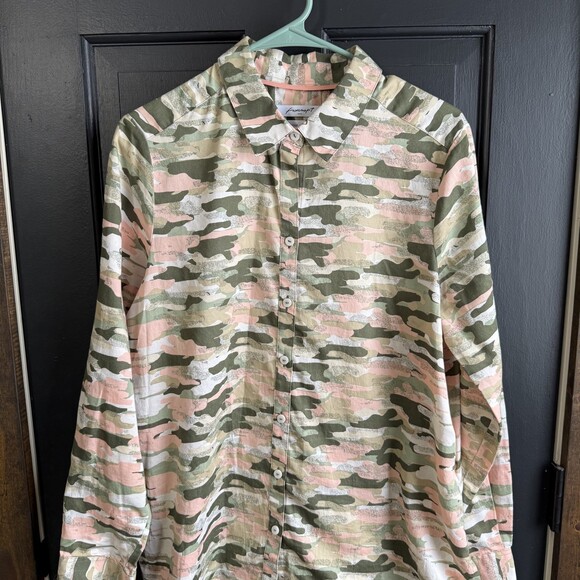 Foxcroft Heritage Non Iron Fitted Button Down Shirt Size 14 Neutral Camo - Picture 2 of 11